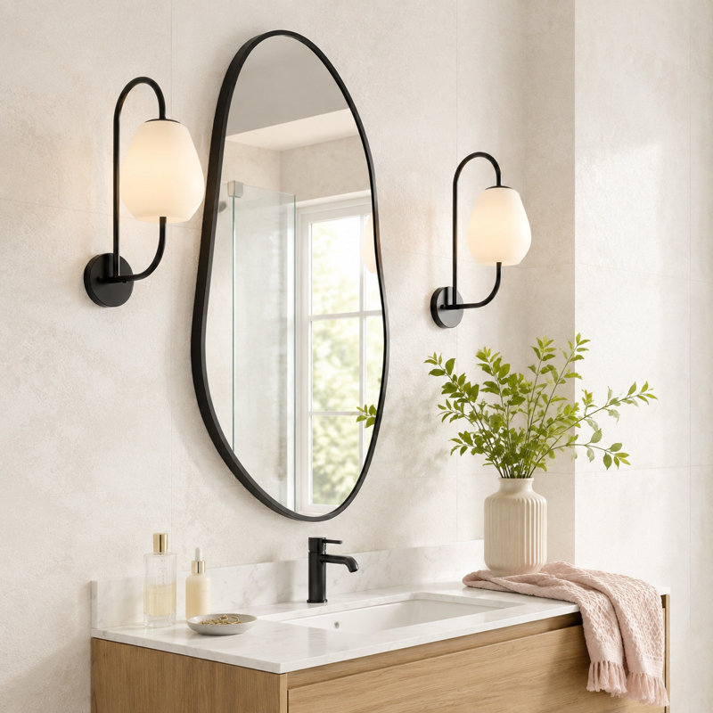 Miroir mural moderne en aluminium avec cadre asymétrique pour meuble-lavabo, 32"x 16.5", Matte Black