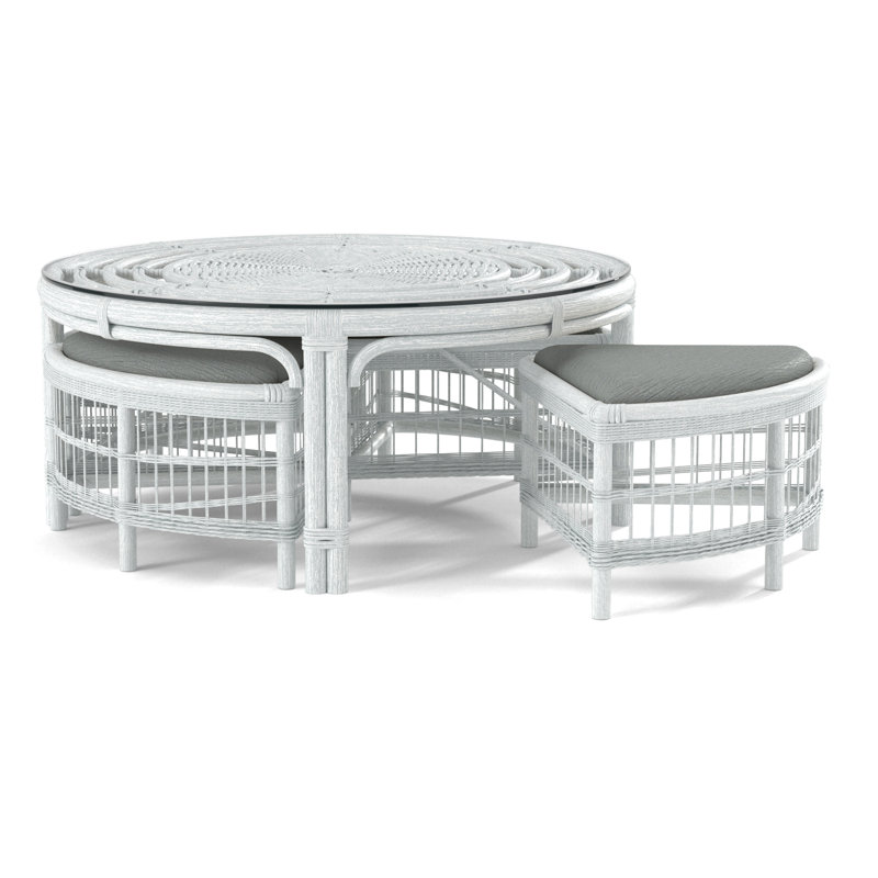 Raffles Rattan Cocktail Table with Benches, Blue Buffalo Check; 0120-61, Frost White