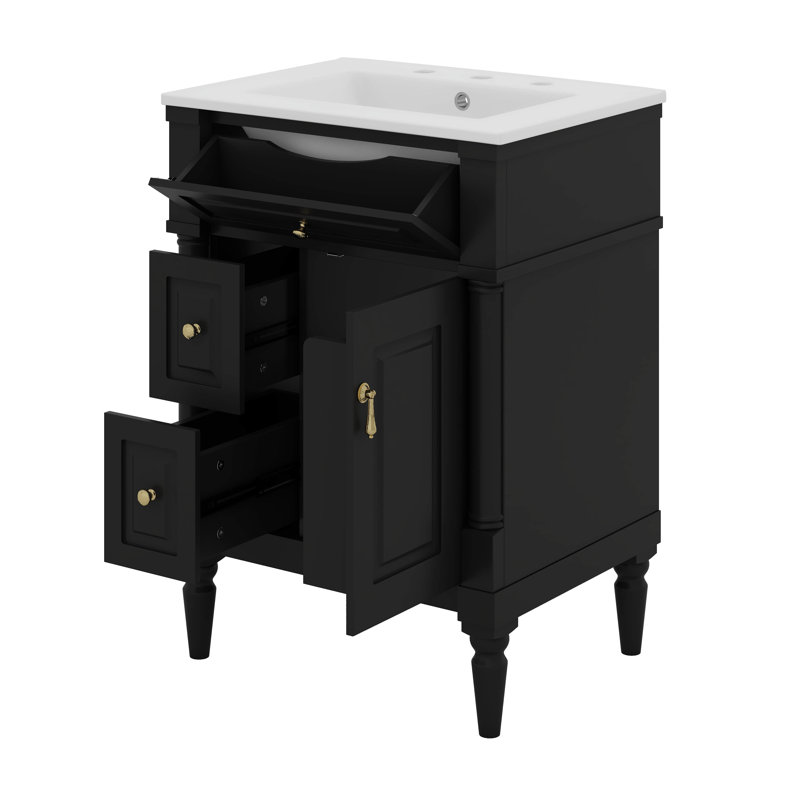 Meuble-lavabo de 24 po avec lavabo, 2 tiroirs, une armoire et un tiroir basculant Designs, Noir, Doré