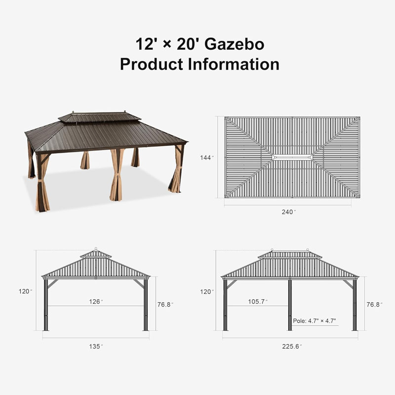 12' X 20' Outdoor Hardtop Gazebo with Galvanized Steel Double Roof, with 48 Ft String Lights, Netting and Curtains