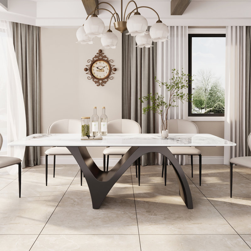 Table de salle à manger rectangulaire moderne, table de cuisine blanc brillant avec plateau en pierre frittée, pieds en acier en forme de N