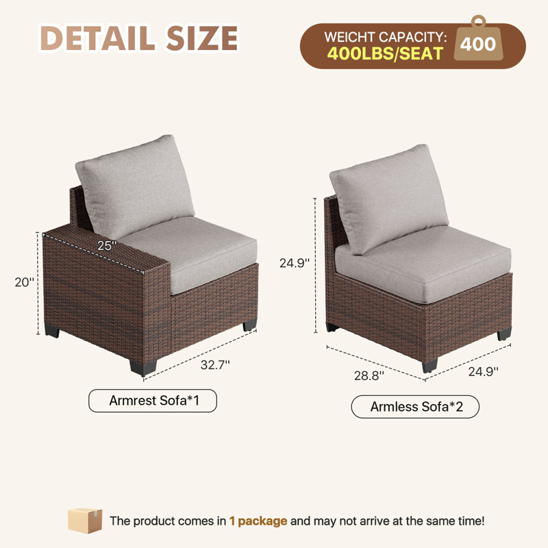 3 -Person Rattan Patio Safo With Cushions, Gray