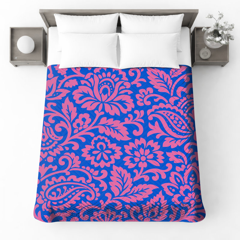 Pink Floral Damask Quilted Thin Bedspread, King