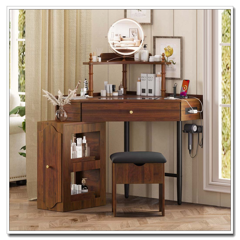 Ensemble de coiffeuse de coin avec tabouret de rangement et station de charge, Noyer