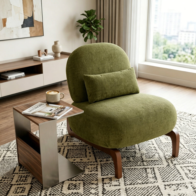 Modern Velvet Armless Accent Chair with Solid Wood Legs, Soft Cushioned Reading Chair, Green