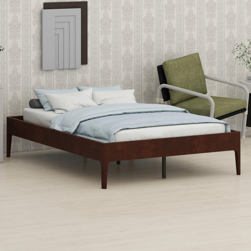 All-in-One Low Profile Bed Base Featuring Durable Wood Slats and Sturdy Metal Bracing, Simple Setup Design, Chocolate