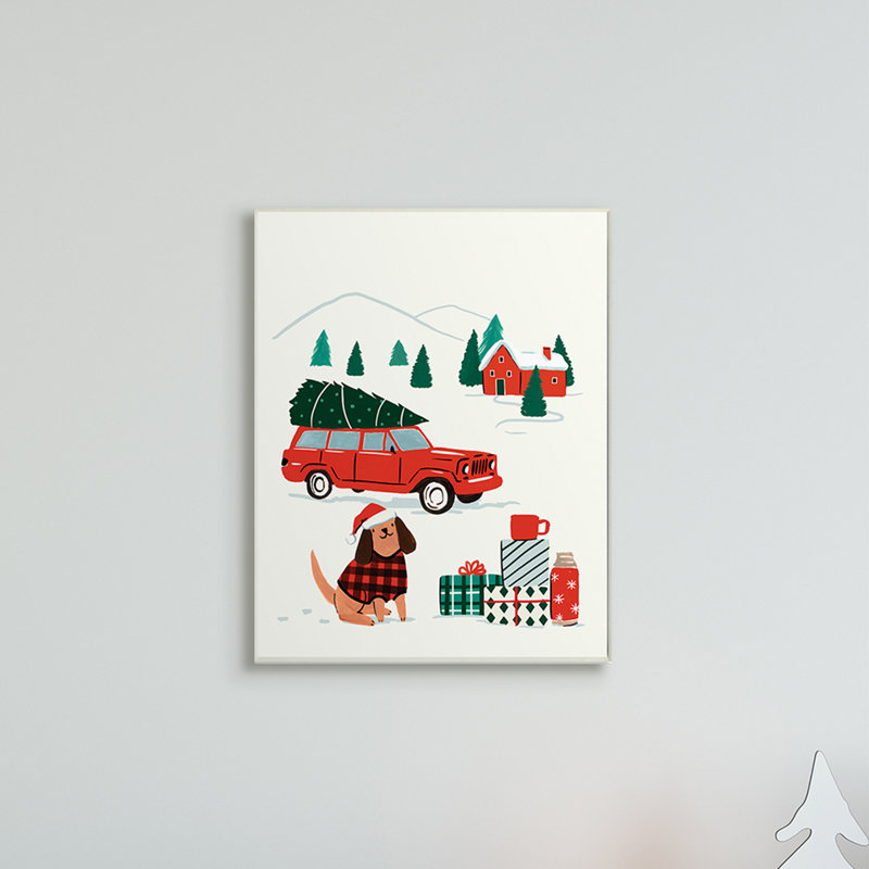 Voiture de Noël rétro, père Noël festif, chien, Plaque murale, H 15 po x l 10 po