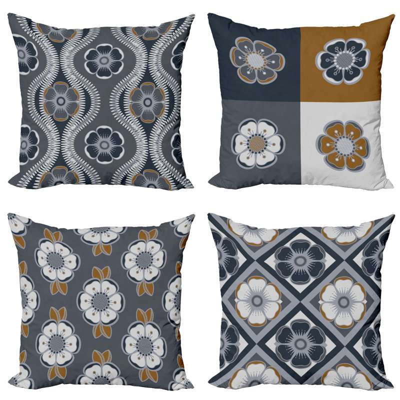 Dark Blue and Amber Microfiber Floral Throw Pillow Set