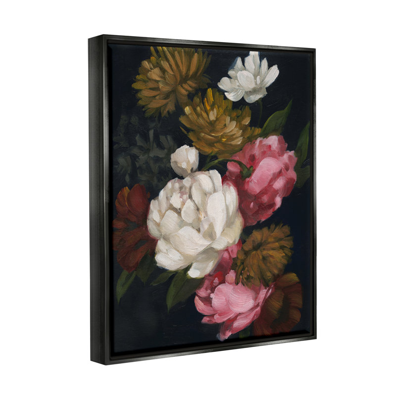 Arrangement de pivoines sur toile, H 21 po x l 17 po, Cadre flottant noir de jais
