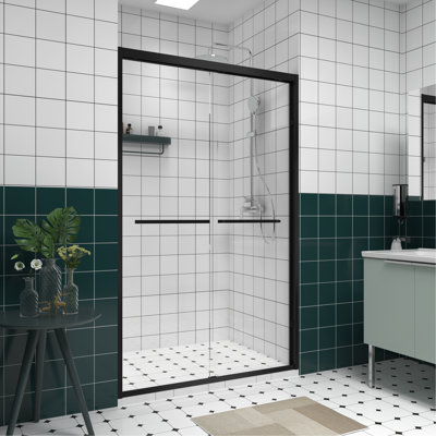 76" High Double Sliding Shower Door With Handle For Towel Hanging, Black Aluminum Frame, Easy Installation Steps Guide