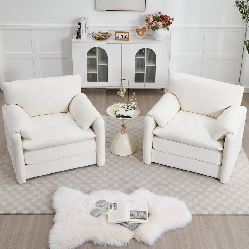 38.1''W Chenille Armchair Accent Chair Single Sofa Set Of Two For Living Room And Bedroom, White