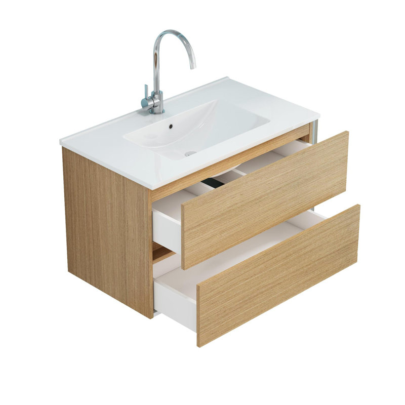 Meuble-lavabo mural de 32 pouces avec deux tiroirs et lavabo en céramique, Naturel