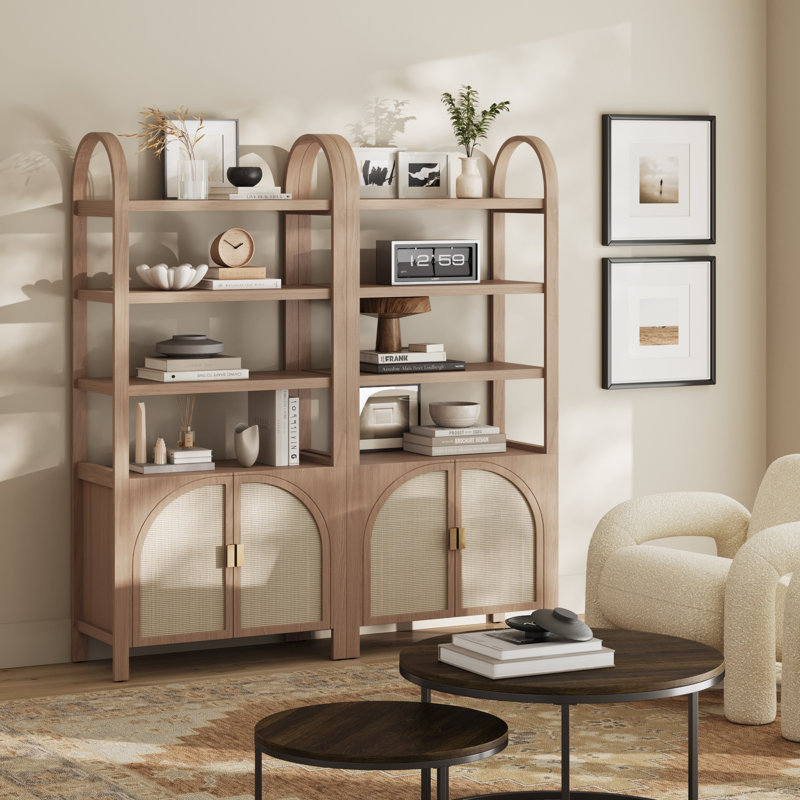 Coetzee Boho 3-Shelf Bookshelf Cabinet With Rattan Doors, Raw Oak