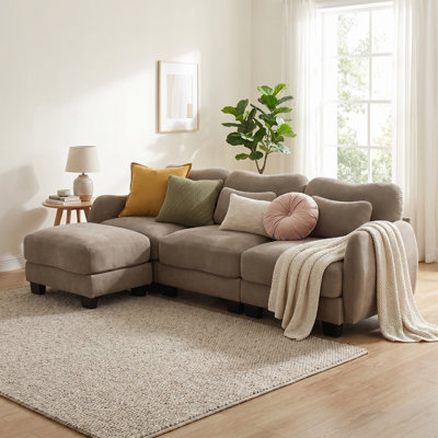 Chenille L-Shaped Sectional Sofa with Movable Ottoman, Oversized 3-Seater Modular Couch with 3 Waist Pillows, Ergonomic Design, Cloud-Like Comfort for Living Room, Office