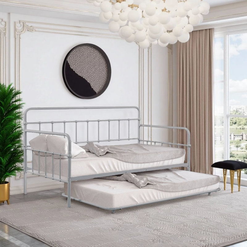 Full Size Metal Daybed with Trundle - Industrial Pipe Design - Mattress Ready, Silver