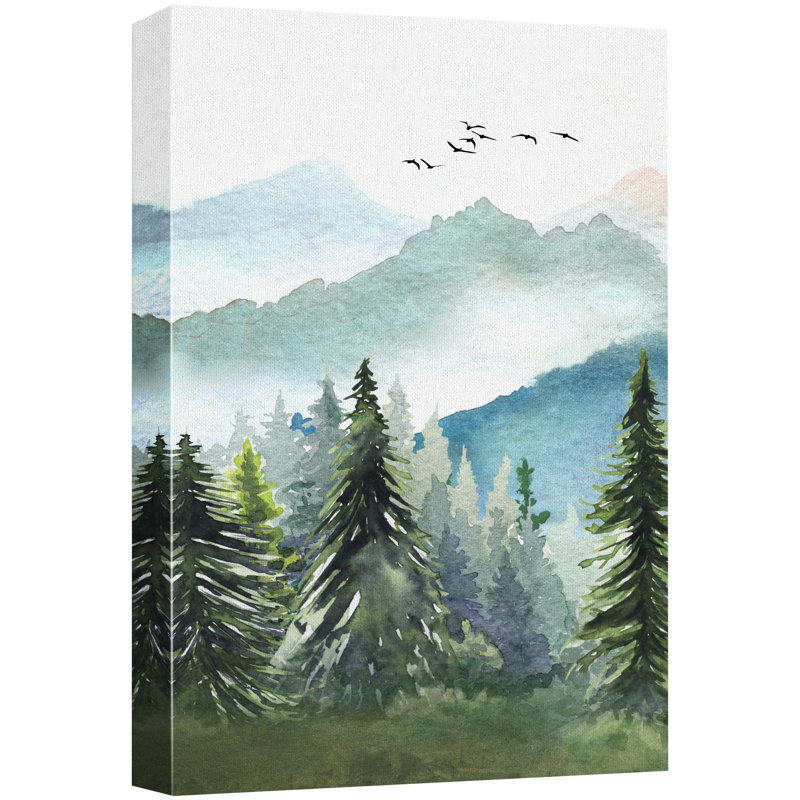 Paysage de forêt boisée «Watercolor Green Forest Tree Mountain» sur, Toile tendue, H 48 po x l 32 po