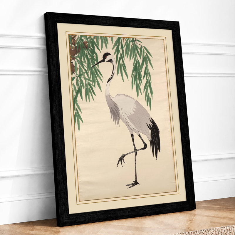 Crane Under Willow Japandi - Framed Print, A2 - 59.4 x 42.0 cm, Black