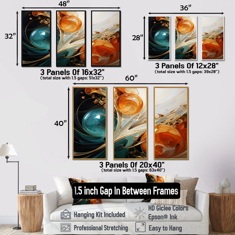 Orange et orange, planètes vagues IV - art mural abstrait, Cadre flottant doré, H 40 po x l 61 po x P 1 po