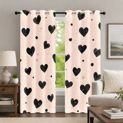 2 pièces rideaux roses et noirs à motif de cœurs, rideaux de style romantique, rideaux décoratifs à l'aquarelle minimaliste, œillets, habillage de fenêtre pour le décor de la chambre à coucher