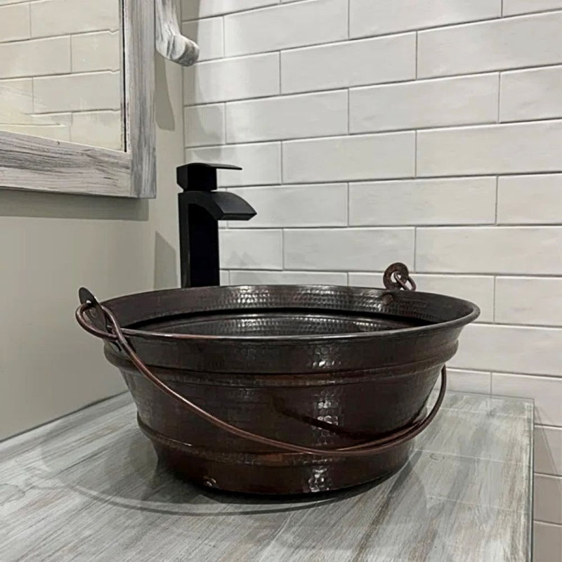 15'' Round Copper Vessel BUCKET Bathroom Sink With Pop-Up Drain