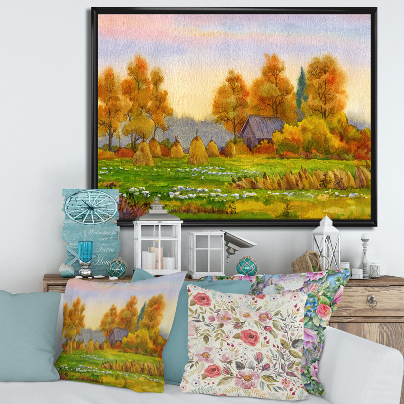 Haystacks on Orange Fields I - Peinture sur toile, Toile avec cadre noir, H 12 po x l 20 po x p 1 po