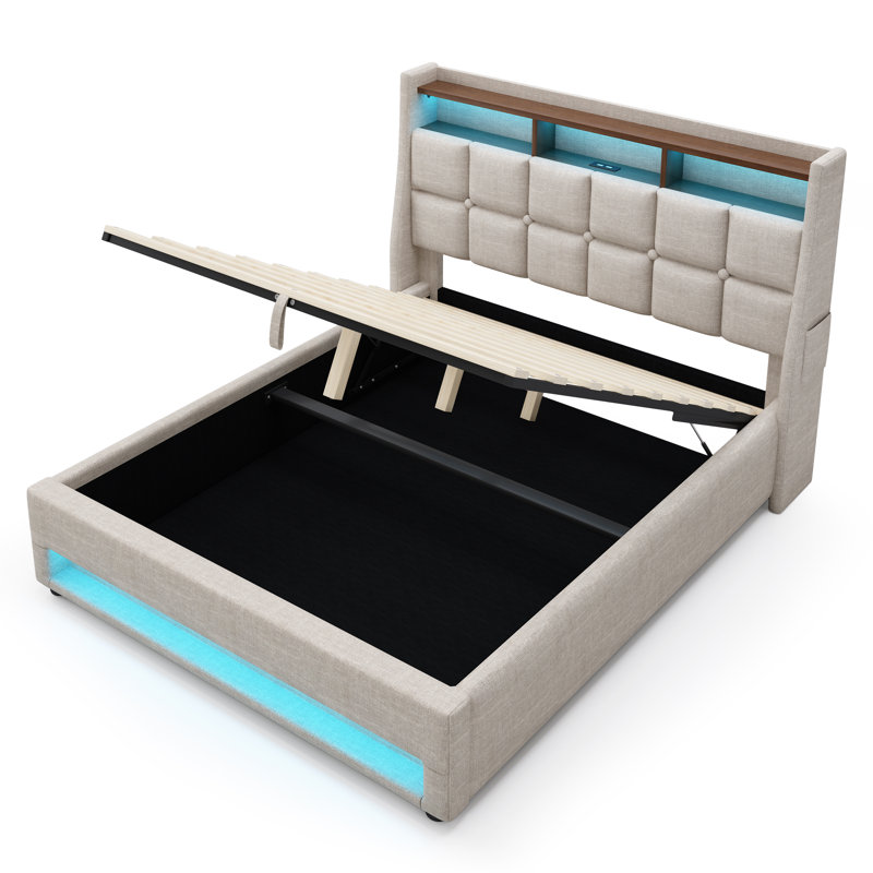 Lit rembourré avec tête de lit éclairée, rangement relevable et station de charge, Full, Beige
