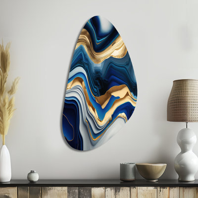 «Vibrant Blue and Gold Agate II», art mural asymétrique transitionnel en métal pour le salon, impression d'art moderne de forme irrégulière