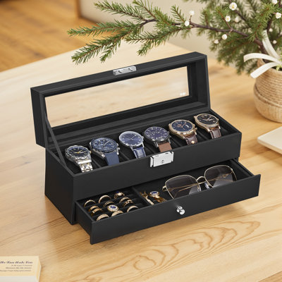 6-Slot Watch Box, Lockable Watch Case With Glass Lid, 2 Layers, With 1 Drawer For Rings, Bracelets, Gift Idea