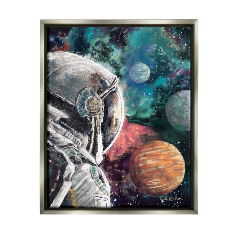 Astronaute et espace, 31" H x 25" W x 1.7" D, Cadre flottant gris lustré