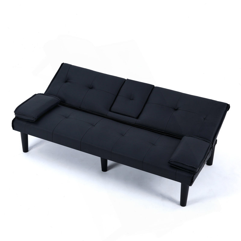 Le canapé-lit multifonctionnel en PVC noir de 67 po avec un design pliable et porte-gobelet permet de transformer le salon en chambre d'amis.