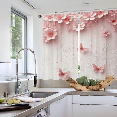 Rideaux filtrant la lumière 2 pièces avec motif floral rose romantique, chaînes de perles délicates, motif de broderie élégant, rideaux faciles à suspendre pour la chambre de l'adolescent