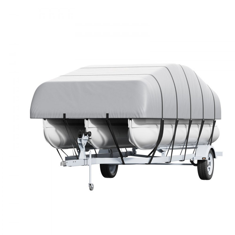 Pontoon Boat Cover, Waterproof Trailerable Pontoon Cover, 800D Marine Grade PU Oxford Fabric, with Motor Cover, 16 Windproof Buckle Straps, Grey
