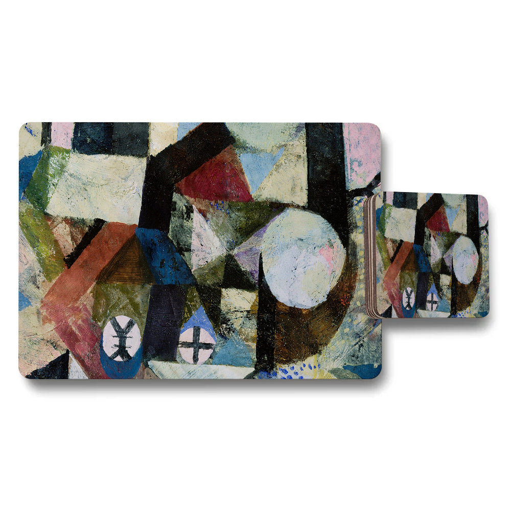 Abstract Geometric Art Placemat And Coaster Set With Modern Cubist Design