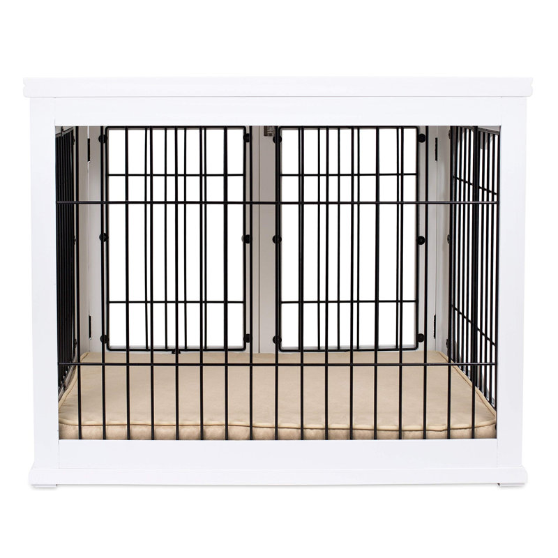 Meuble de caisse en bois pour chien avec coussin - chenil moyen pour chien 32 pouces avec portes doubles - Table de bout décorative pour animaux de compagnie pour petits et moyens animaux (blanc)
