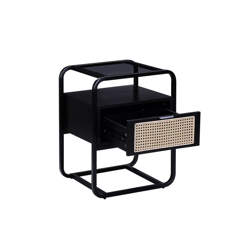 Table de chevet à cadre en métal noir avec verre trempé et option de rangement