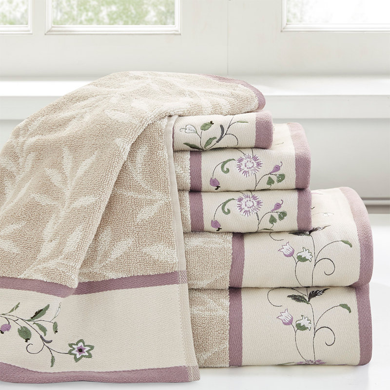 Ensemble 6 serviettes de bain en jacquard de coton brodé, Mauve