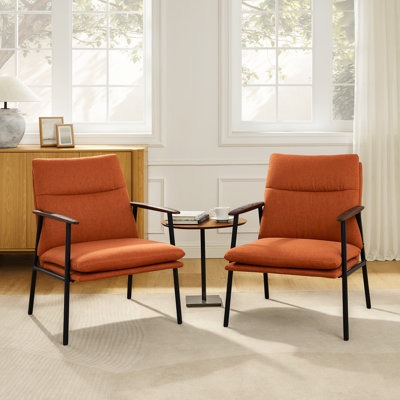 Fauteuil d'appoint rembourré en tissu avec structure en métal et accoudoirs en bois
