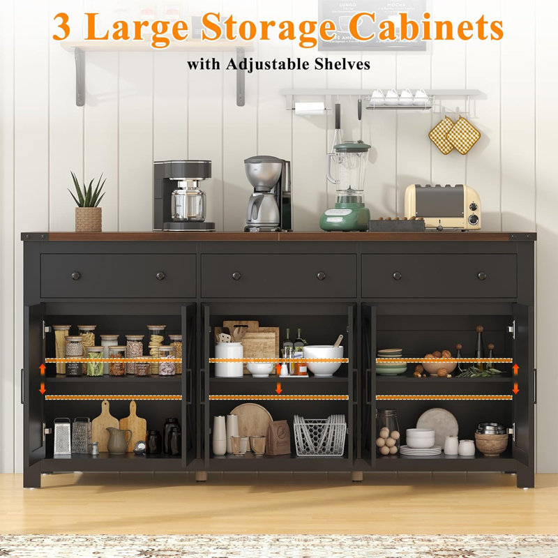 71'' Large Farmhouse Sideboard with Adjustable Shelves and 3 Large Drawers, Black