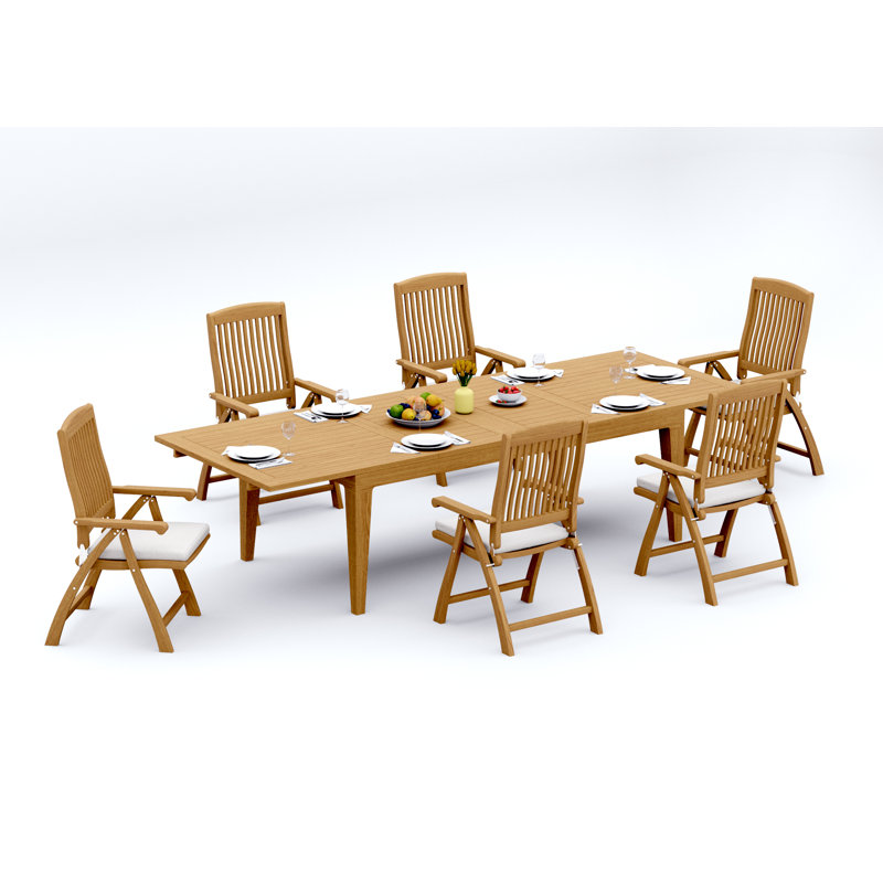 Ensemble de salle à manger 9 pièces en bois de teck de qualité A: table rectangulaire à double extension Caranas de 122 po et 8 chaises à accoudoirs inclinables et pliables Marley # 11MR2908