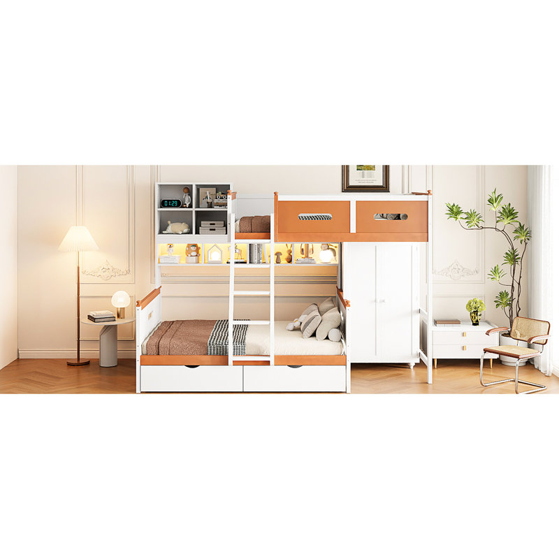 Lit superposé simple au-dessus d'un lit double blanc + orange, armoire, tiroirs et tablettes éclairées à DEL, confort pour les dormeurs de chambre à coucher