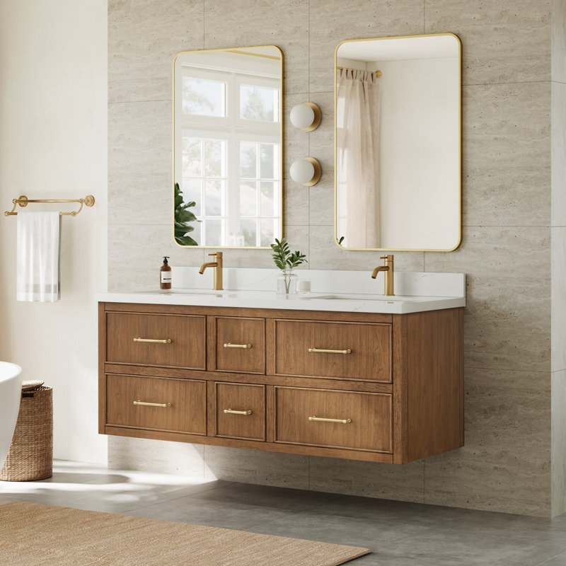 Ensemble de meuble-lavabo mural double 60 po en noyer grillé Isola, Brun/bronze, Quartz Giotto