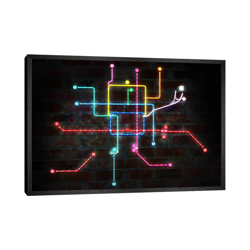 Neon Transit Map - Print on Canvas, 101.6 cm H x 66.04 cm W, Black Framed