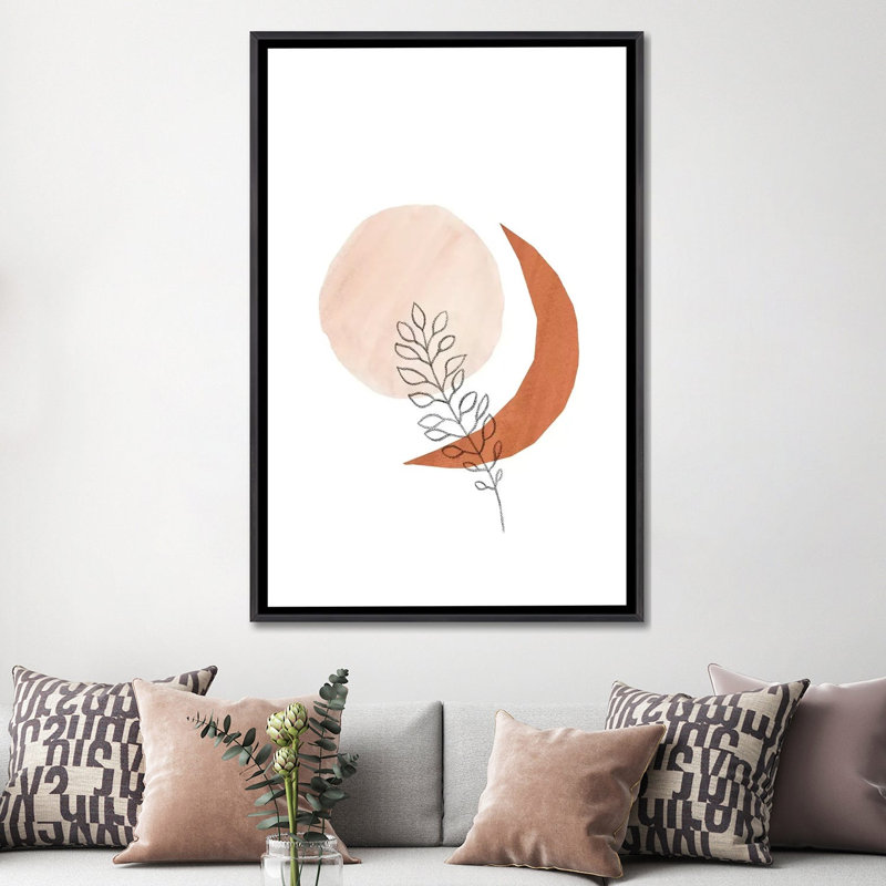 Soleil, lune et plante - reproduction d'art, Aucun mat, H 60 po x l 40po x P 1,5 po, Toile avec cadre noir patiné
