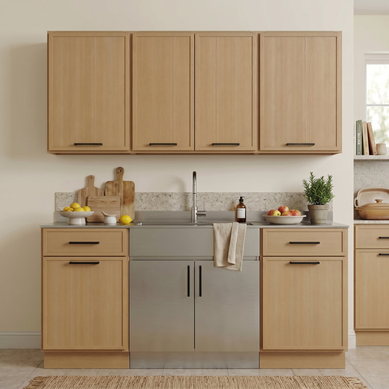 Ensemble d'armoires de cuisine en bois de frêne moderne avec deux armoires de base de 18 po avec tiroirs, deux armoires murales de 18 po et une armoire murale de 24 po, compatible avec lave-vaisselle de 24 po, placage de chêne blanc