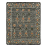 Rug & Kilim’S Block Print Rug, Teal And Gray Tones With Whimsical Floral Pattern
