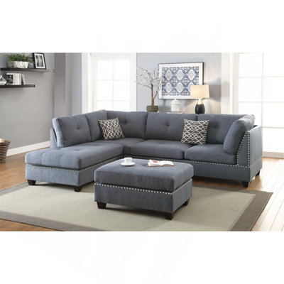 3-Pcs Sectional Sofa Blue Grey Polyfiber Cushion Sofa Chaise Ottoman Reversible Couch Pillows