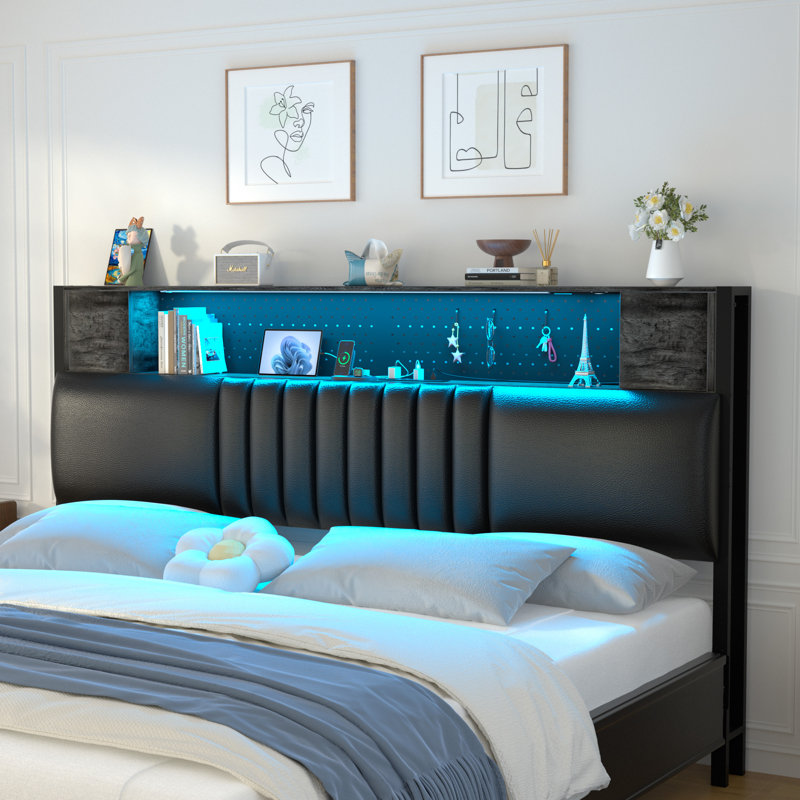 Storage Upholstered PU Headboard With LED Lights & Charging Station, Gray Oak, Queen