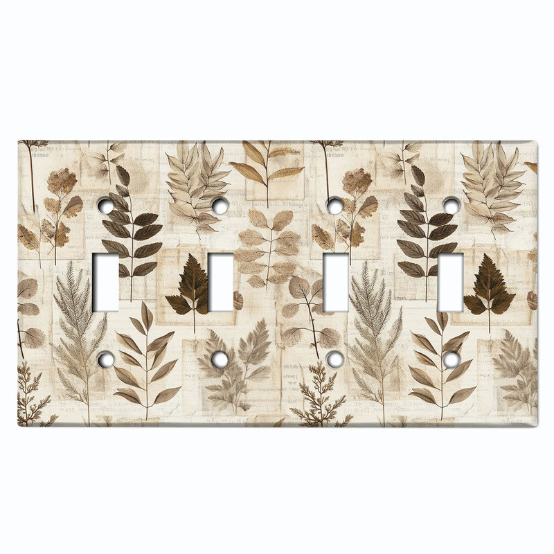 Couvercle de plaque d'interrupteur en métal; Bascule 4 bandes US standard - Feuilles botaniques rustiques, # 4 Quad bascule
