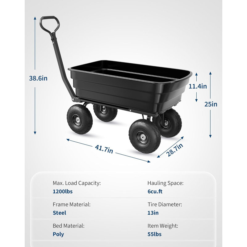 Chariot à benne en poly robuste 1200 lb, chariot de brouette utilitaire de 10 pieds cubes avec pneus sans crevaison, poignée pivotante à 180 ° et fixation rapide pour jardin, pelouse et aménagement paysager, noir