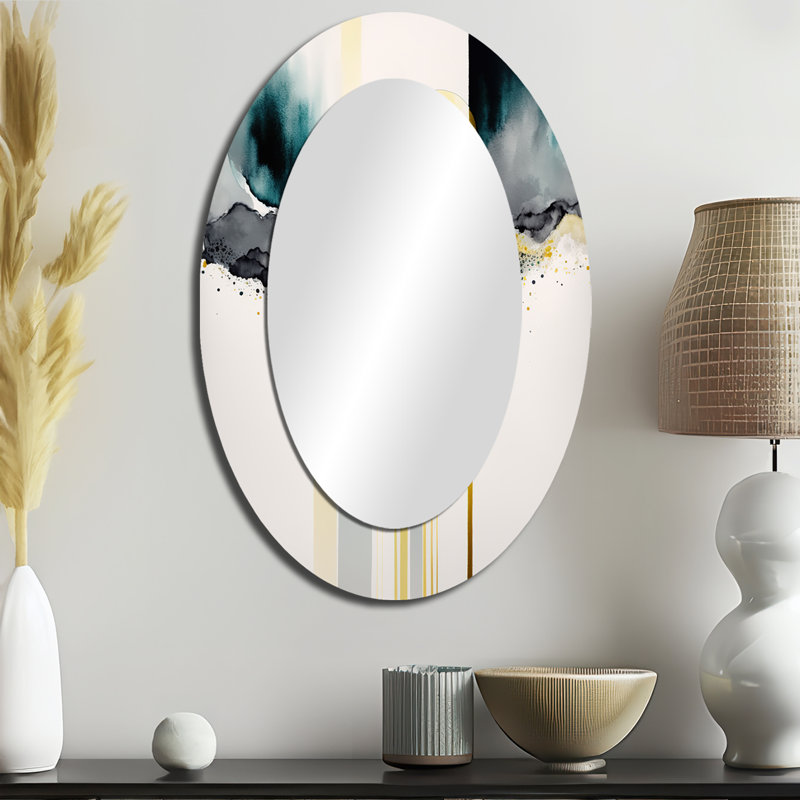 Abstract Transitional Shapes Black V - Abstract Oval Decorative Mirror On Metal, 36" x 24"